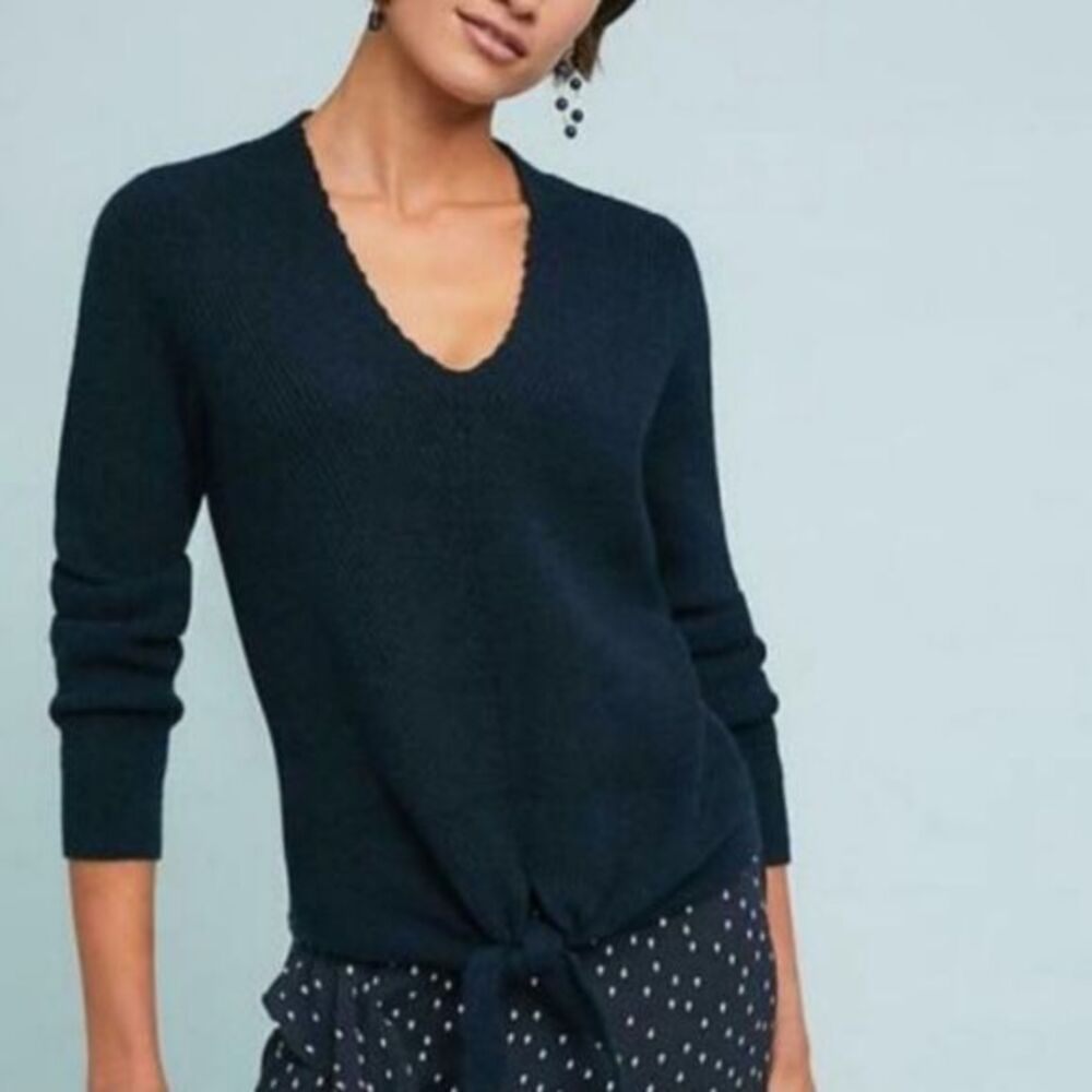 Anthropologie Moth Freeport Navy Blue Tie Front Sweater